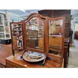 An early 20th century mahogany, line inlaid and chinoiserie painted triptych dressing table