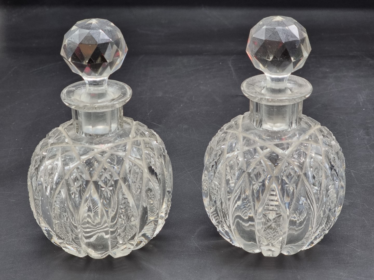 A pair of cut glass inkwells and stoppers, 14cm high; together with a green glass dump - Image 2 of 5