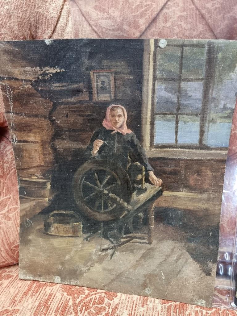 British or Irish School, early 20th century, lady with a spinning wheel, unsigned, oil on canvas, 32 - Image 2 of 2