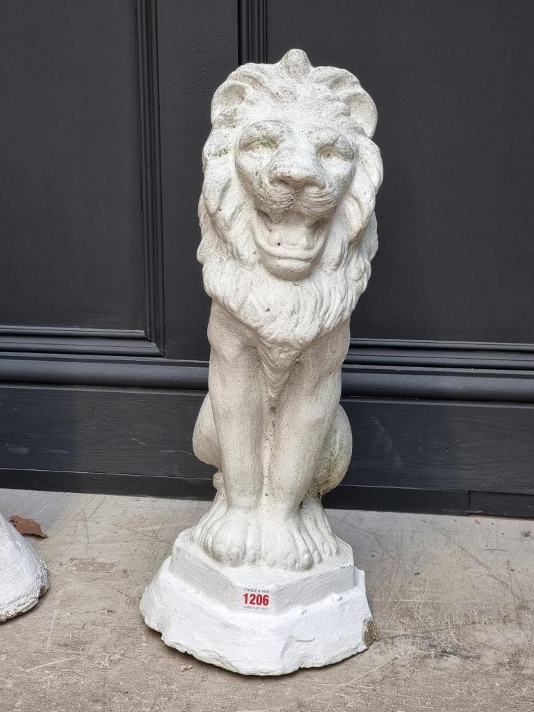 A pair of white painted composition stone lion gate pier finials, 56cm high. - Image 3 of 6