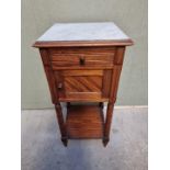 A Victorian pitch pine and marble top pot cupboard, 39.5cm wide.