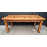 A pine kitchen table, 182cm long; together with a set of six beech and rush seated ladder back