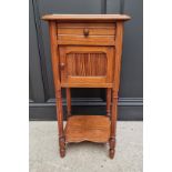 A late Victorian pitch pine and marble top pot cupboard, 39cm wide.