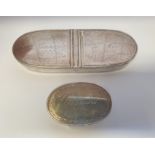 An early 19th century French white metal double ended snuff box and matching pounce pot, engraved '