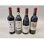 Four 75cl bottles of French red wine, to include Chateau Duhart-Milon, Pauillac 1986, Dom. Barons de