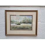 Brian Peskett, landscape with ducks in flight, signed, watercolour, 20 x 29.5cm.