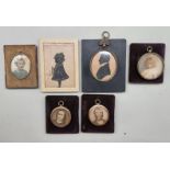 Two Victorian gilt silhouette portrait miniatures, largest 11 x 7.5cm; together with four tinted