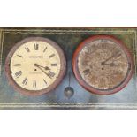 Two 19th century mahogany fusee wall clocks, (a.f.), with one pendulum.