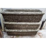 A set of three old composition stone rectangular planters, 59cm wide.