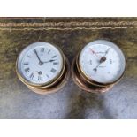 A Sestrel brass bulkhead clock and barometer set, 13cm diameter.