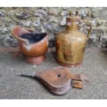 A brass and copper grain measure; together with a coal scuttle and a pair of bellows.