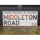 A 'London Borough of Hackney, Middleton Road, E.8' aluminium street sign, 33 x 74cm.