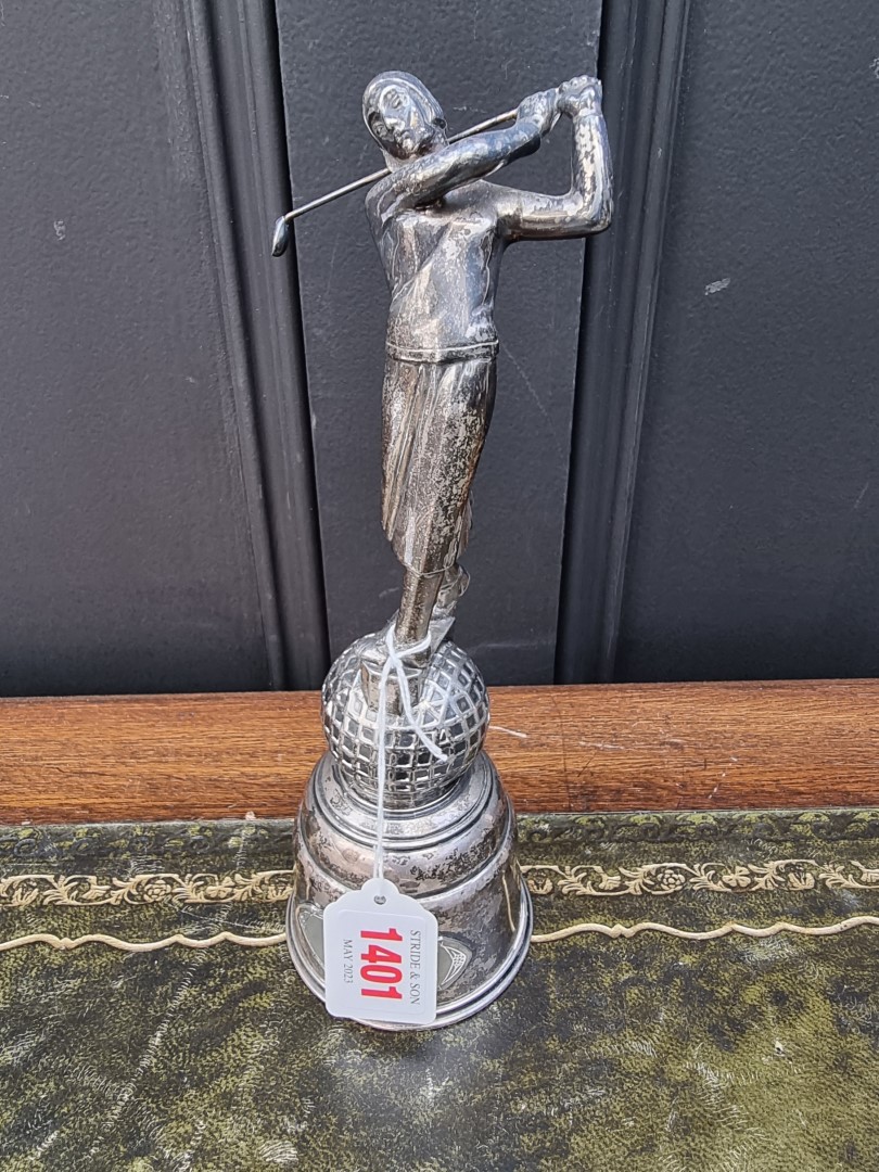 An Art Deco style electroplated golf trophy, 22.5cm high.