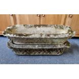 A pair of old weathered composition stone planters, with basket weave and rams head decoration, 85cm