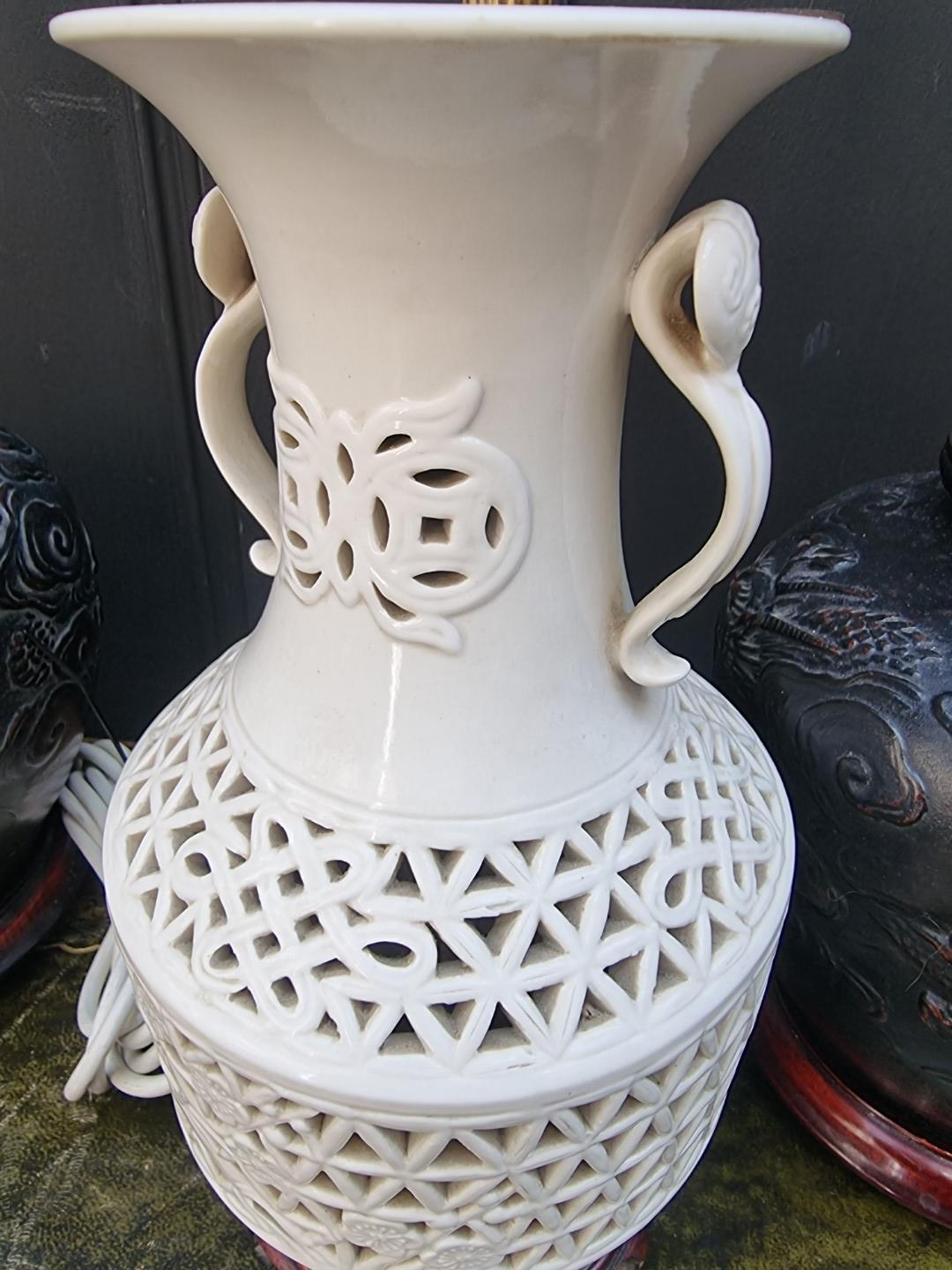 A pair of Chinese style pottery table lamps, height excluding fitting 22cm; together with another - Image 6 of 6