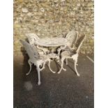 A set of four white painted aluminium garden chairs and tables, 78cm wide.