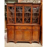 A reproduction mahogany and line inlaid breakfront display cabinet, 150.5cm wide.
