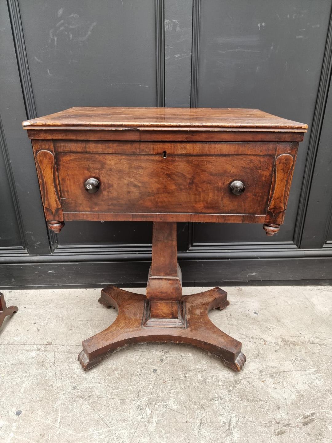 A 19th century mahogany pedestal work table, with hinged top, 60cm wide.
