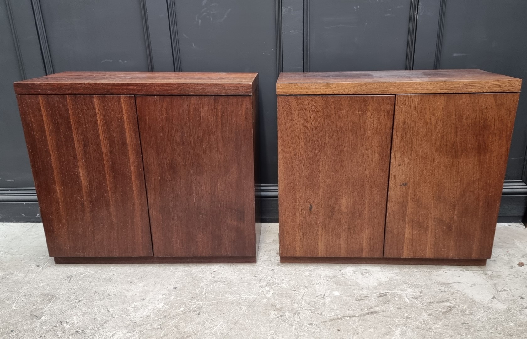 A set of three reproduction side cabinets, each 76cm high x 86.5cm wide x 40cm deep, (door of one