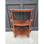 A Victorian figured walnut whatnot, 91cm wide, (lacking gallery back).