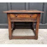 An antique oak single drawer side table, with single drawer, 86cm wide.