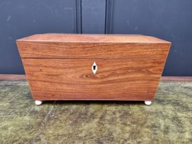 A good early 19th century kingwood, line inlaid and ivory sarcophagus tea caddy, probably