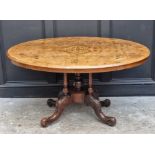 A Victorian burr walnut and inlaid oval breakfast table, 134cm wide.