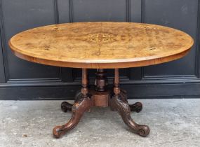 A Victorian burr walnut and inlaid oval breakfast table, 134cm wide.