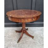 A late Victorian mahogany and inlaid marquetry drum top pedestal table, in the manner of Edwards &