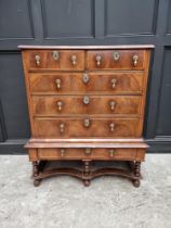 A George I/II walnut, crossbanded and line inlaid chest on stand, 93cm wide, (legs reduced).