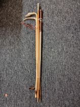 A mixed group of sticks, to include a 9ct rose gold mounted antler handled riding crop; a silver