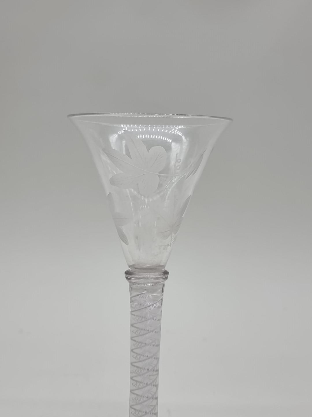 An 18th century opaque twist wine glass, the bowl etched with leaves, 18cm high. - Image 5 of 7