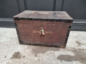 A small oak and metal bound silver type chest, 37cm high x 58.5cm wide x 35.5cm deep.