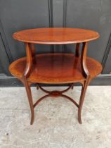 A late Victorian mahogany and inlaid etagere, with detachable tray top, 76.5cm wide.