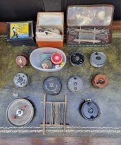 Angling: a collection of reels and tackle, to include a vintage JW Young and an Allcocks example.
