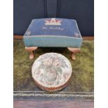 A Victorian walnut and inlaid circular footstool; together with another footstool. (2)