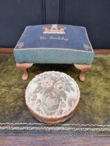 A Victorian walnut and inlaid circular footstool; together with another footstool. (2)