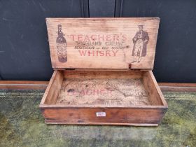 Advertising: an old pine 'Teacher's Whisky' box, 43cm wide.