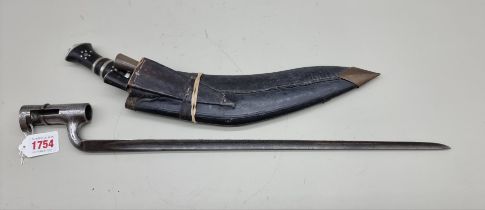 A 19th century steel socket bayonet, with 44.5cm triangular blade; together with a kukri and sheath.