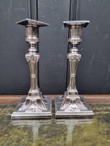 A pair of Robert Adam style electroplated candlesticks, 19.5cm high.