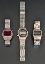 Three vintage stainless steel digital watches; to include a Seiko example.
