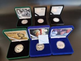 Coins: six Royal Mint silver proof £5 crowns, to include four Piedfort examples. (5)