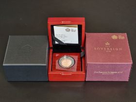 Coins: a 2019 Royal Mint proof gold Piedfort sovereign, 15.976g, with CoA No.775/1795, boxed.