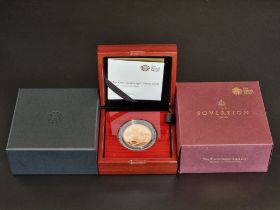 Coins: a 2018 Royal Mint gold five sovereign coin, 39.94g, with CoA No.515/1000, boxed.