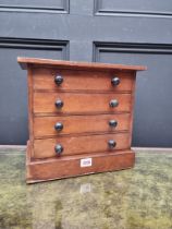 A miniature antique mahogany four drawer collector's chest, enclosing butterflies, remains of