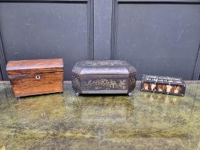 A 19th century Chinese lacquer casket, 27cm wide; together with a Victorian rosewood tea caddy, (a.