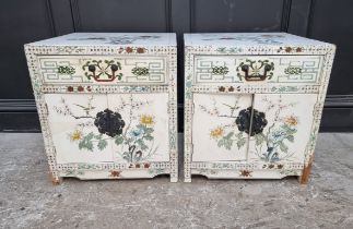A pair of painted cupboards, 51cm wide, (a.f.). (2)