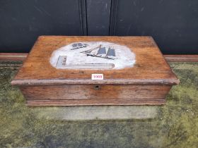 A small antique oak tool chest, the hinged top painted in the manner of Alfred Wallis, labelled to