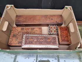 A collection of boxes and caskets, to include a bone and ivory inlaid example, largest 49cm wide. (