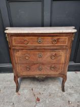 A late 19th century, Louis XV style, mahogany and inlaid marble top commode, with gilt brass mounts,